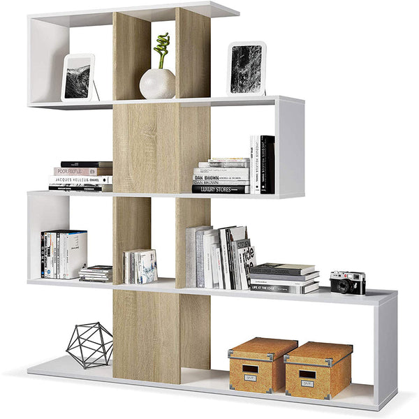online Etagère Bibliothèque 4 Niveaux 145x145x29 cm en Bois Zig Zag Blanc et Chêne