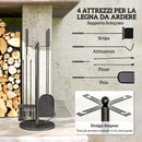 Set Attrezzi Camino 5 Pezzi con Pala Spazzola Pinze Attizzatoio e Supporto in Metallo Nero      