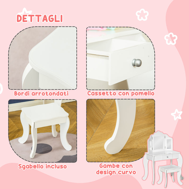 Toeletta Trucco per Bambine Consolle e Sgabello 63x40x85,5 cm con Triplo Specchio in Legno e Acrilico Bianco      