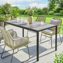 Tavolo da Giardino 4-6 Persone 150x80x74 cm con Piano Effetto Legno in Acciaio e Plastica Grigio e Nero      