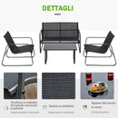 Set Salotto da Giardino Divano 2 Poltrone e Tavolino in Metallo e Textilene Nero