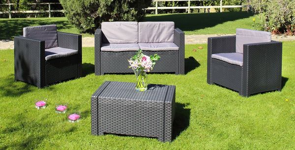 sconto Ensemble de jardin canapé 2 fauteuils et table basse en résine anthracite Bauer