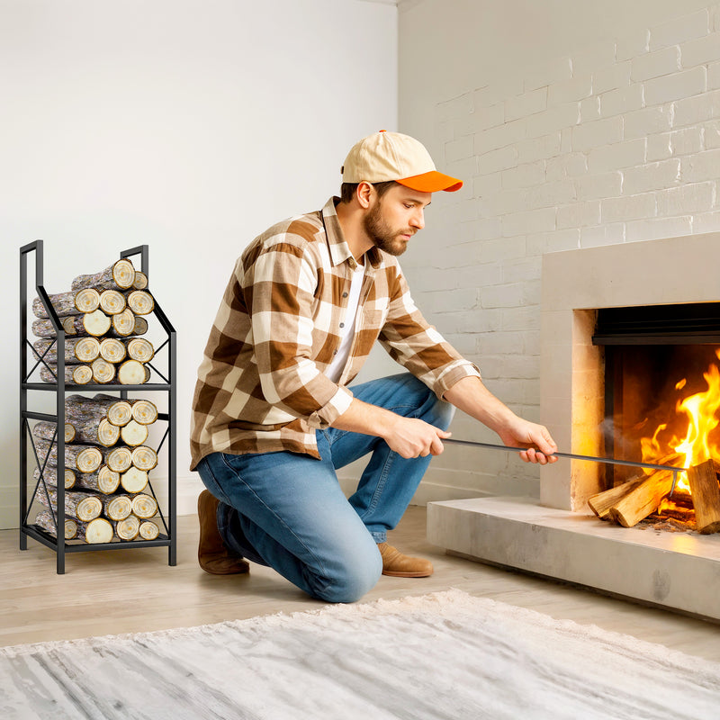 Portalegna a 2 Livelli 34x30x80cm per Interno Esterno in Metallo Nero      