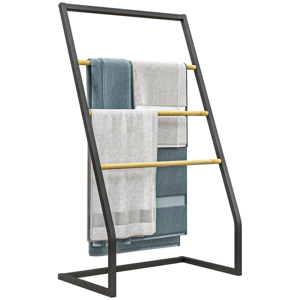 prezzo Piantana Portasciugamani da Bagno da Terra 4 Sbarre 60x35x102 cm in Bambù e Acciaio Nero