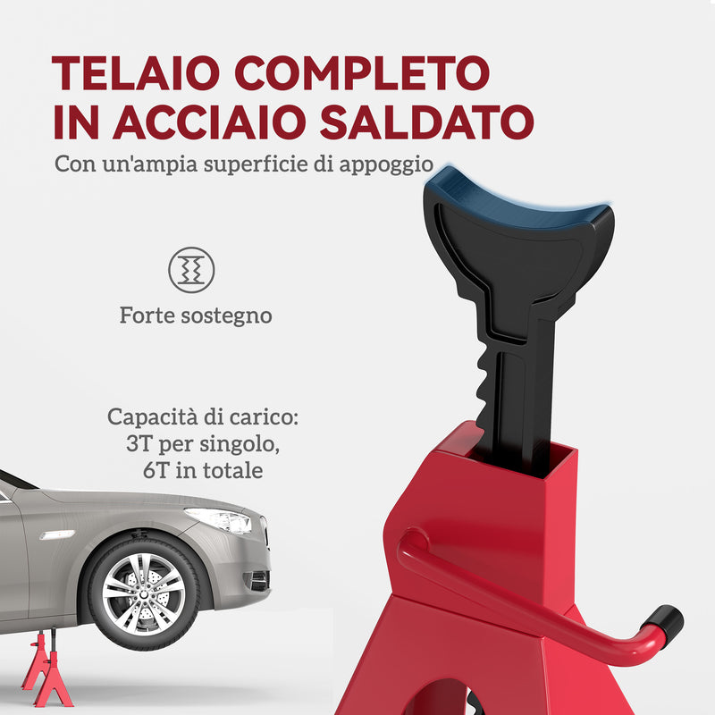Set 2 Cavalletti Auto 6 Tonnellate di Capacità Altezza 38,5-60 cm Acciaio al Carbonio e Ghisa Rosso  