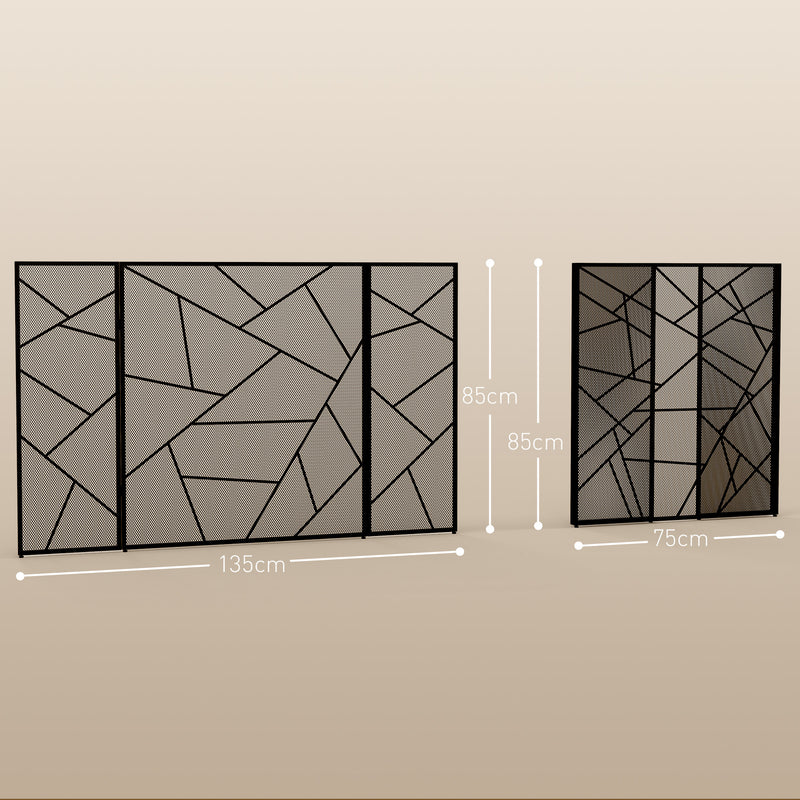 Parascintille con Antine 135x1,2x85 cm Pieghevole a 3 Pannelli Design Geometrico in Acciaio Nero