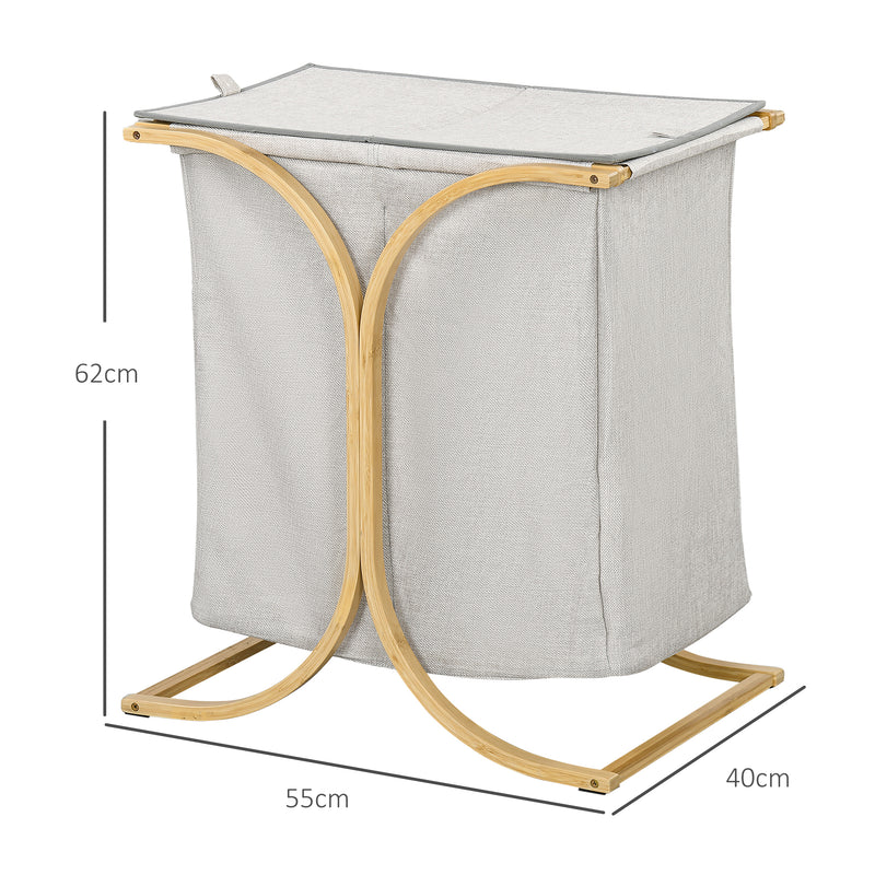 Cesto Portabiancheria 2 Sezioni con Coperchio 55x40x62 cm in Bambù e Poliestere Grigio 
