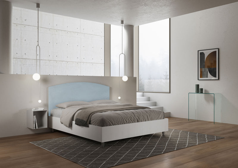 Letto Matrimoniale con Rete e Contenitore Alzata Comoda Struttura Bianco Frassico e Testata in Microfibra Antilia Azzurro Varie Misure