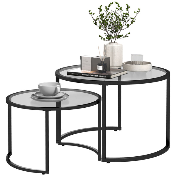 Set 2 Tavolini Sovrapponibili Ø70x47,5 cm e Ø54 x 42,5 cm in Vetro e Acciaio Nero sconto