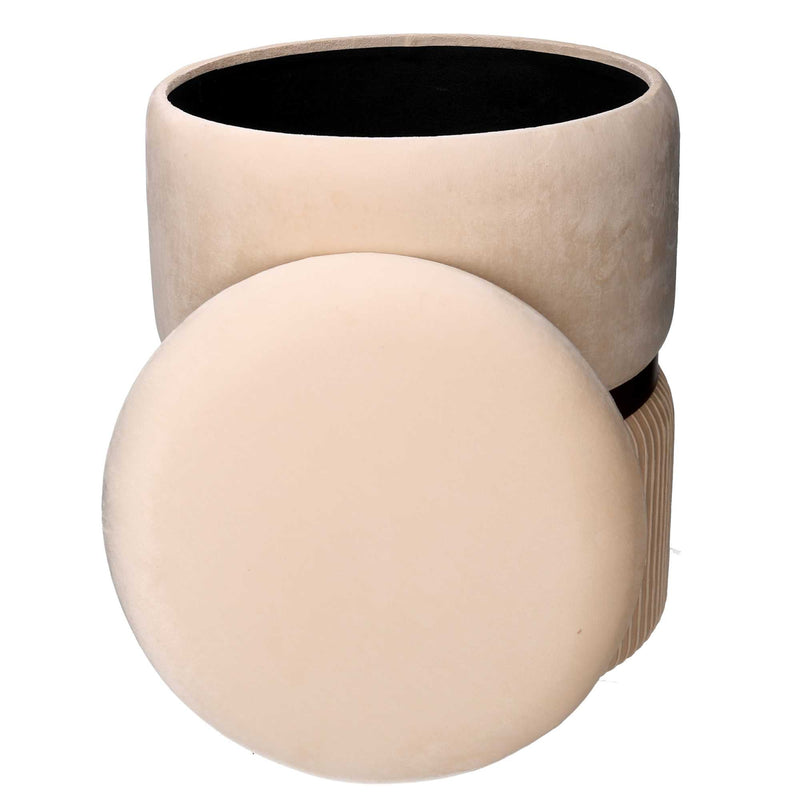 Set 2 Pouf Contenitore Ø35 cm e Ø39 cm in Tessuto Velluto Crema