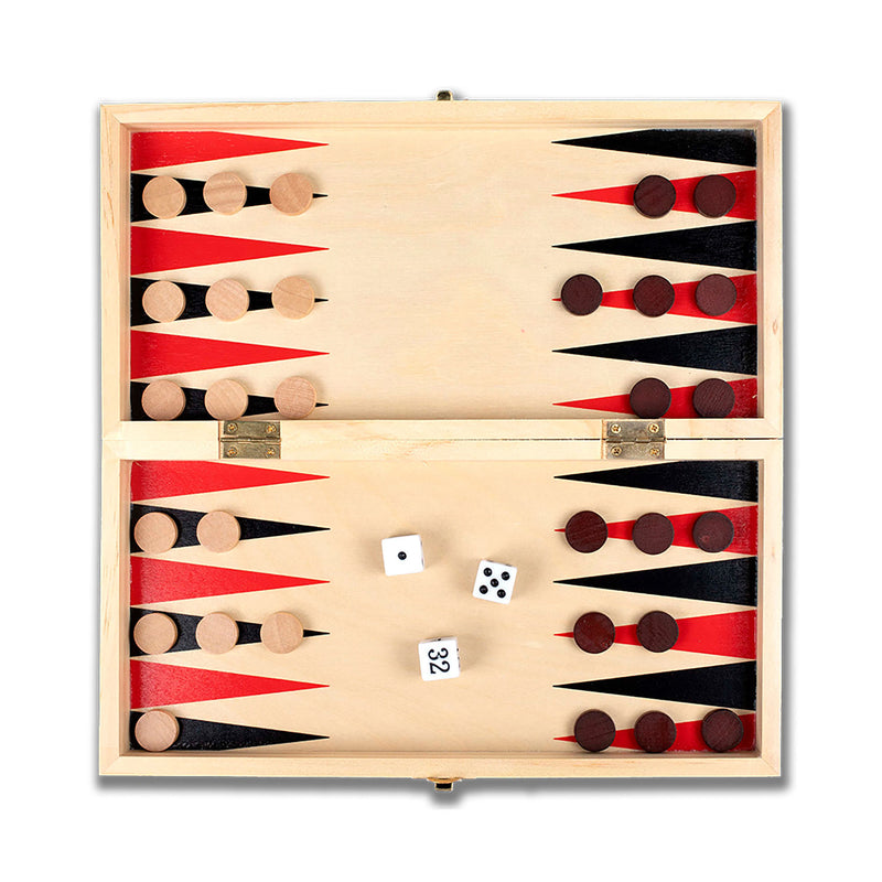 Set di Giochi 3 in 1 Scacchi Dama Backgammon in Legno Salvaspazio 29x29 cm      