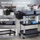 Carrello Pulizie Professionale 115x50x100 cm a 3 Ripiani con 2 Contenitori Rimovibili Bidone Laterale e 4 Ruote in PP Nero      