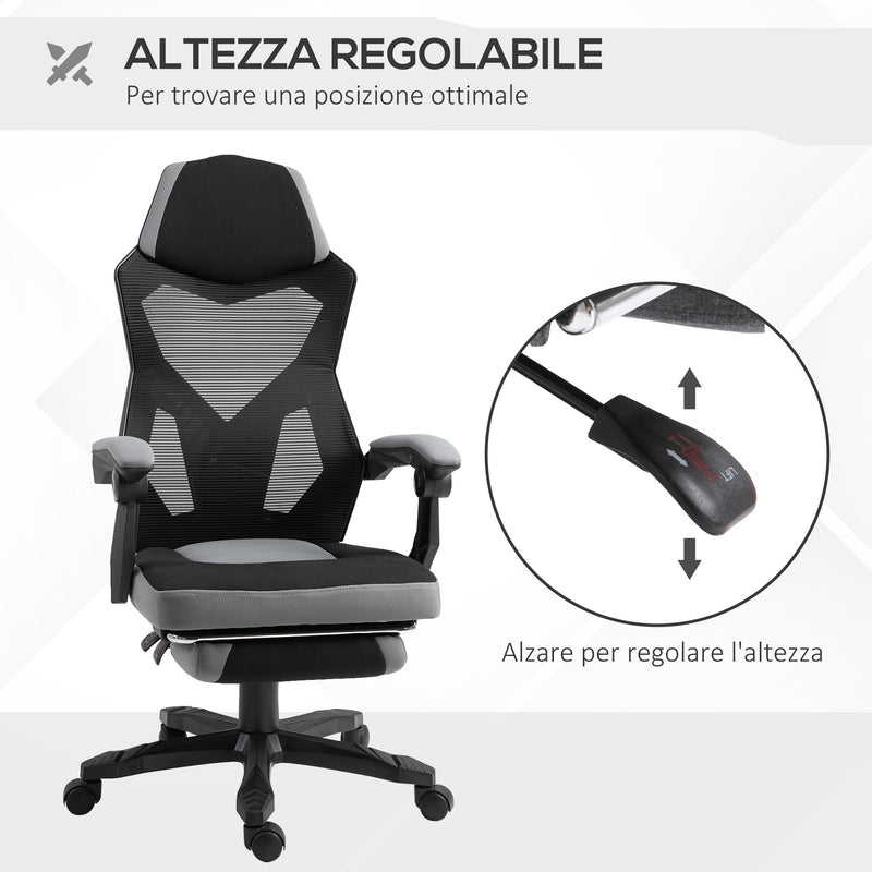 Sedia da Gaming Ergonomica con Schienale Reclinabile e Poggiapiedi Retrattile in Tessuto Grigio   