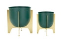 Porta Vasi Grent Shet Set 2 Pz Ø24,5x26 cm - Ø19x21 cm in Ferro Verde e Oro      