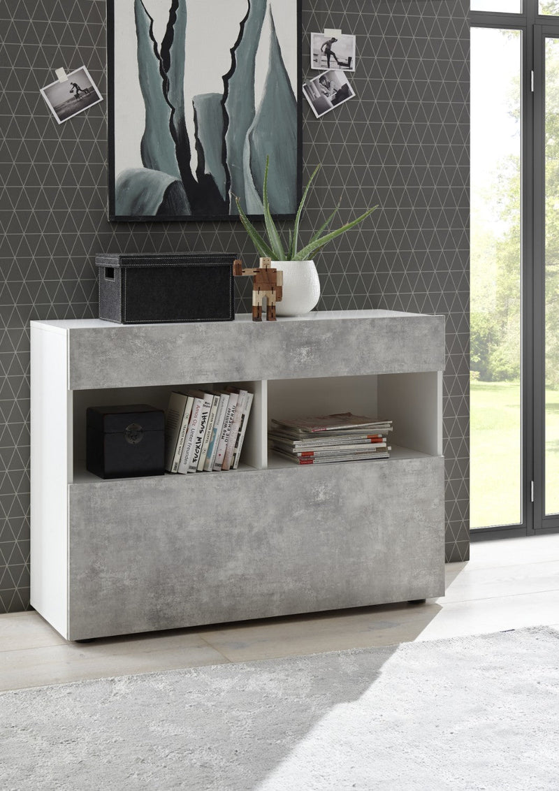 Credenza Mobile Soggiorno 1 Anta 2 Vani 111x42x82 cm TFT Akira Bianco e Cemento