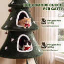 Albero Tiragraffi Natalizio per Gatti 60x60x132 cm con 2 Cucce Scala in Sisal Pali in Juta e Palline Verde      