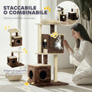 Albero Tiragraffi per Gatti 55x48x107 cm 2 Casette Lettino e Pallina in Tessuto Peluche Marrone e Beige 