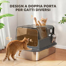 Lettiera per Gatti Chiusa da 52L con Coperchio Ribaltabile Doppia Porta Paletta in Acciaio Inox Nero      