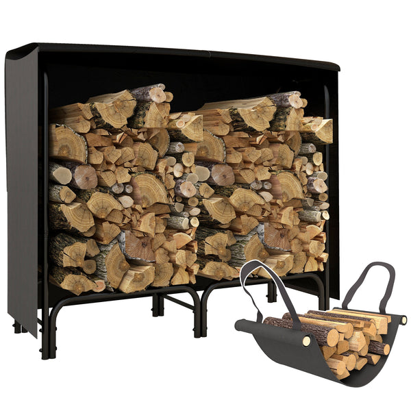 sconto Portalegna per Camino da Interno ed Esterno con Telo Porta Legna e Copertura 120x36x99 cm in Metallo Nero