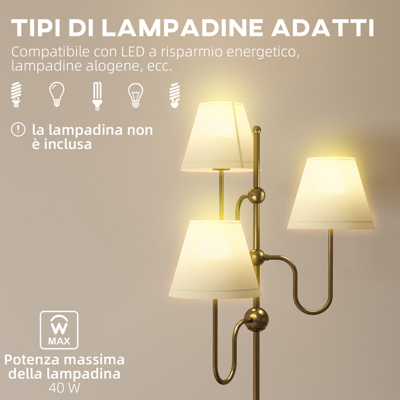 Lampada da Terra Alta con 3 Punti Luce Attacco E27 e Interruttore a Pedale 54x54x165 cm Base in Metallo Oro  
