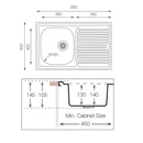 Lavello appoggio 80x50 cm 1 vasca e gocciolatoio destro