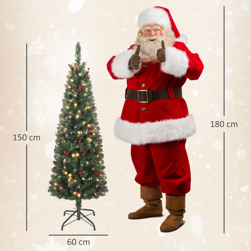 Albero di Natale Illuminato 150 cm con 150 Luci LED 30 Pigne e 30 Grappoli di Bacche Verde e Argento      