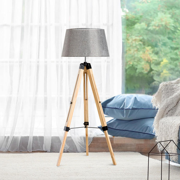 sconto Lampadaire Design avec Trépied en Bois Gris Hauteur Réglable