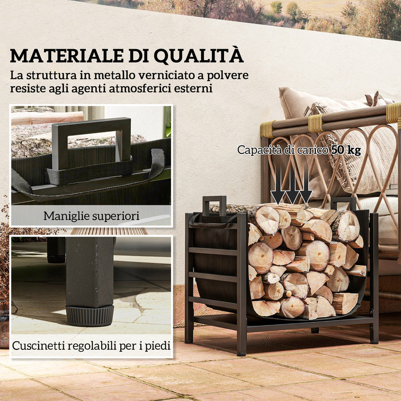 Portalegna da Esterno e Interno 49x34x44 cm in Acciaio con Borsa di Trasporto in Tessuto Oxford 600D Nero      