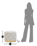 Puff Contenitore Rich Crema Ø55x42 cm in Legno Spugna Poliestere e Acciaio Crema e Oro