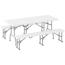 Set da Pic Nic Pieghevole a 3 Pezzi con Tavolo e 2 Panche in HDPE e Metallo Bianco e Grigio Chiaro     