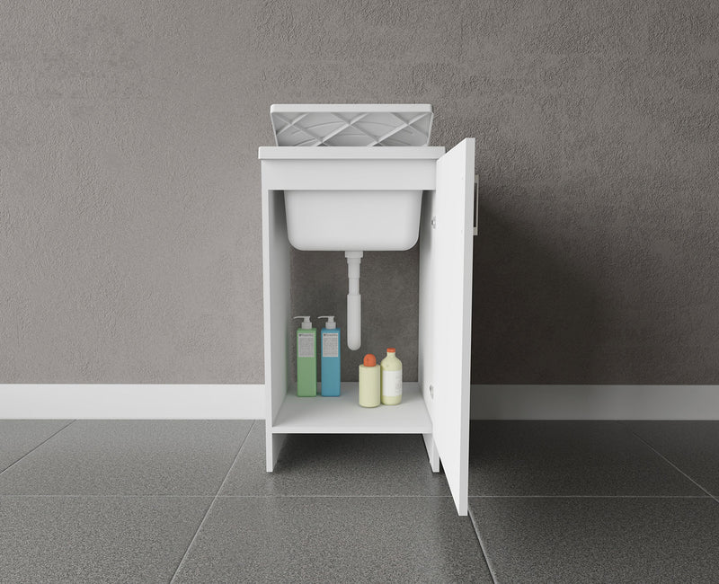 Mobile Lavatoio 1 Anta in Nobilitato 45x50x85 cm Vasca in PP con Asse in Resina e Kit di Scarico Bianco  