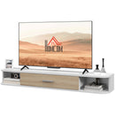 Mobile TV Sospeso 120x26x16 cm per TV fino a 50 Pollici con Vani Aperti e Armadietto in Melamina Bianco e Rovere      