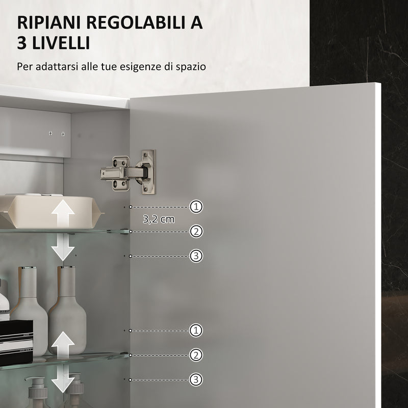 Armadietto Bagno da Parete 40x15x55 cm con 3 Ripiani Regolabili in Vetro in Legno Bianco   