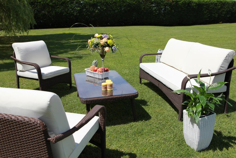Set Salotto da Giardino 2 Poltrone Tavolino Divano 3 Posti in Polyrattan Adila Class Noce