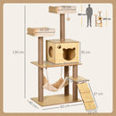 Albero Tiragraffi per Gatti 60x40x130 cm con Casetta Lettini Amaca e Pallina in Legno Poliestere e Sisal Beige      