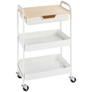 Carrello da Cucina Multiuso con Ruote Girevoli 2 Cesti Cassetto e Piano in Legno Bianco      