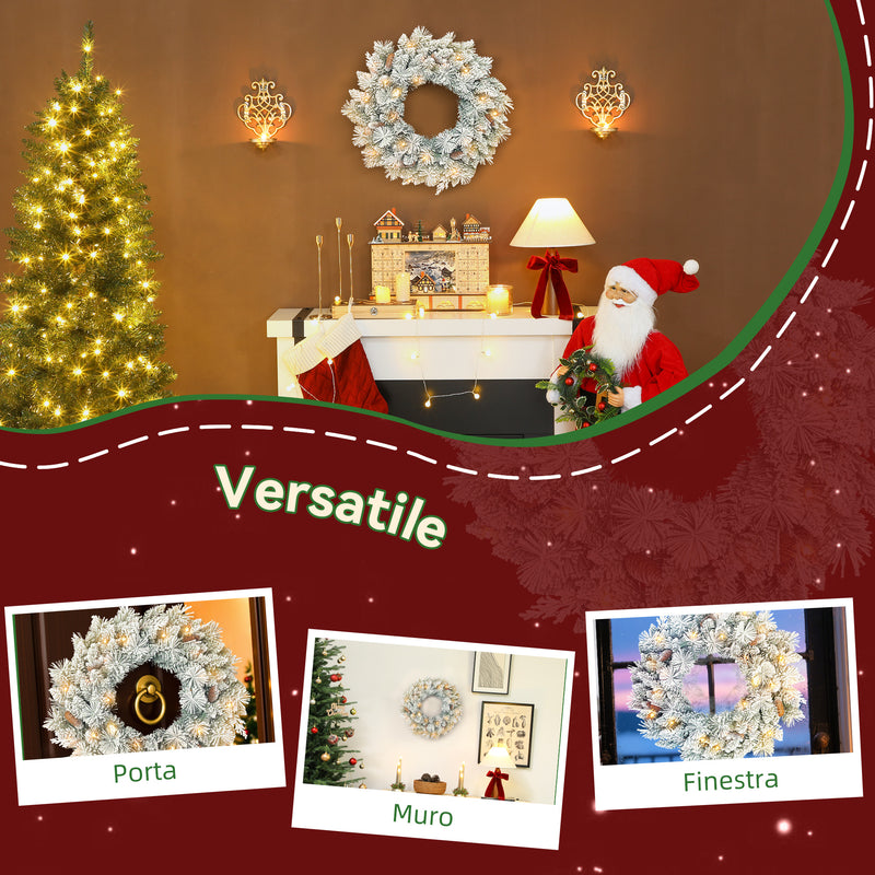 Ghirlanda Natalizia Innevata 60 cm con 35 LED Timer e Pigne Decorative per Interno      