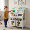 Libreria Montessoriana per Bambini 3-8 Anni 60x30x76 cm con 4 Ripiani e 2 Contenitori con Stampa di Leone in Truciolato Bianco      
