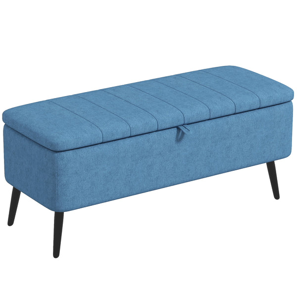 acquista Panca Contenitore 102x40x44 cm Poggiapiedi Imbottito in Tessuto Effetto Lino Blu Scuro