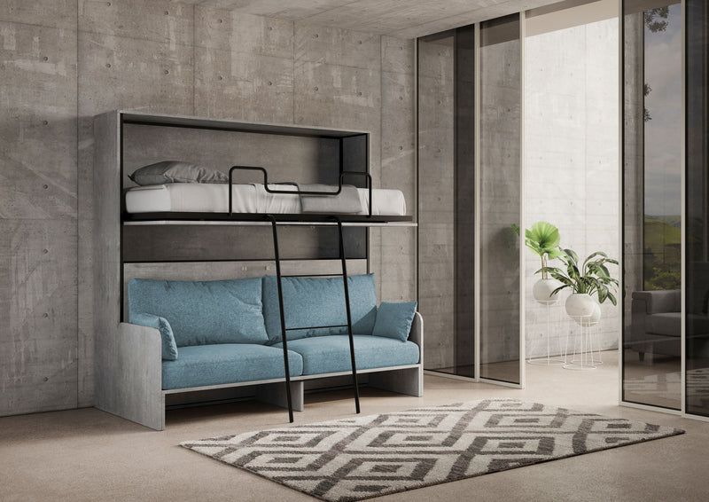 Letto Doppio A Scomparsa Kando Con Divano Cemento e Azzurro      