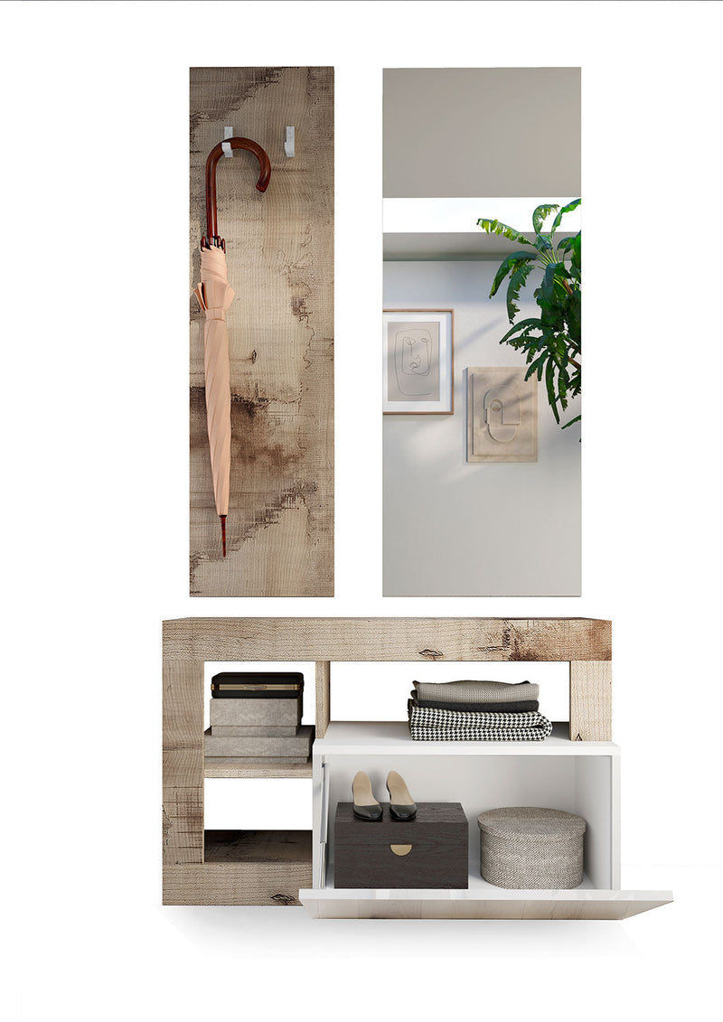 Set Ingresso Mobile 1 Anta a Ribalta Appendiabiti 90,5x36x170 cm e Specchio 50x110 cm Hamburg Bianco Lucido e Pero