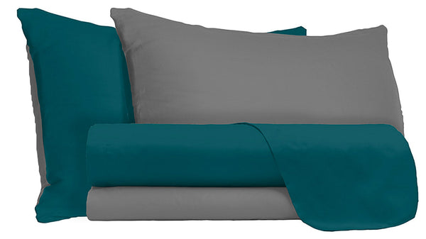 Parure de Draps et Taies d'Oreiller Réversibles Vert Pétrole/Fumé Différentes Tailles sconto