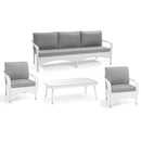 Set da Giardino Tavolo Poltrone e Divano 3 Posti in Polyrattan con Cuscini Adila Bianco