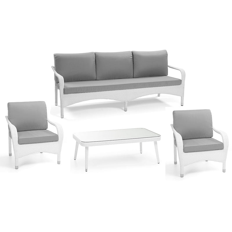 Set da Giardino Tavolo Poltrone e Divano 3 Posti in Polyrattan con Cuscini Adila Bianco