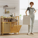 Mobile Bagno a Doghe con Cesti Portabiancheria 82x33x88 cm Capienza 41L in Bambù e Poliestere Crema  