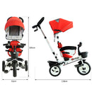 Passeggino Triciclo per Bambini con Maniglione Tetto Parapioggia Regolabile e Cestino Rosso 