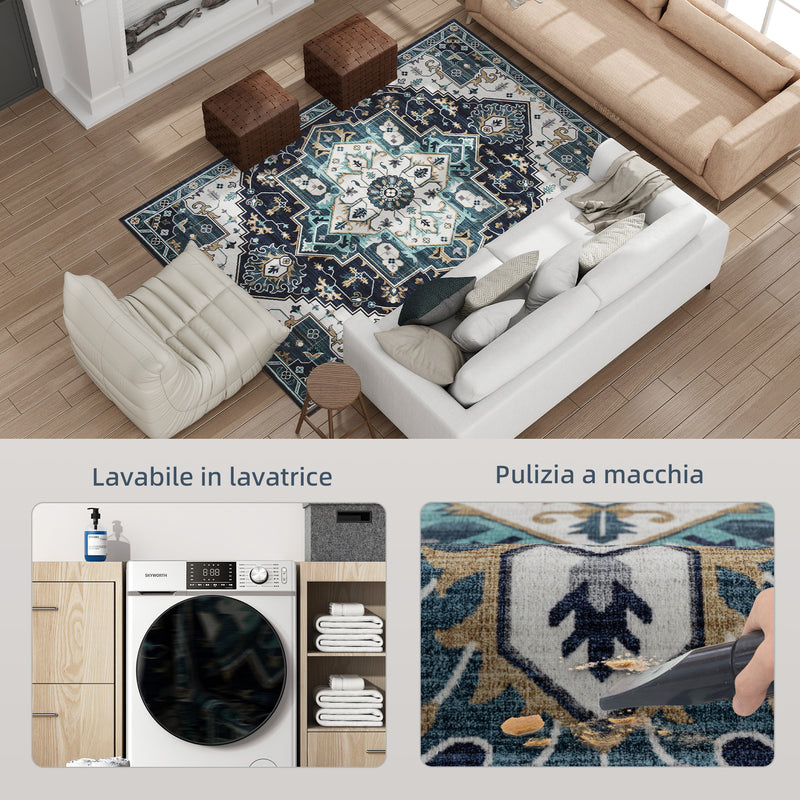 Tappeto Boho Antiscivolo e Lavabile 230x160 cm a Pelo Corto in Effetto Cashmere Blu  