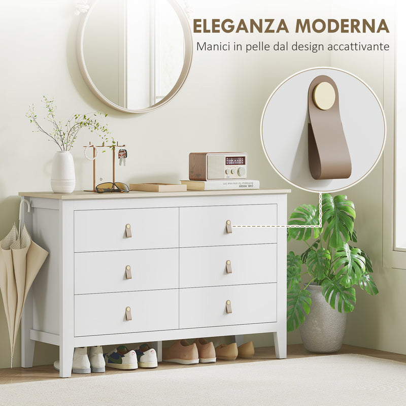 Cassettiera per Camera da Letto a 6 Cassetti 120x40x78 cm con Maniglie in Finta Pelle in Legno Bianco  