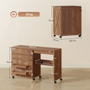 Mobile per Macchina da Cucire Pieghevole 116,3x49,5x76,5 cm con 2 Contenitori Mensola 18 Pioli per Bobine e Ruote in Truciolato Marrone      