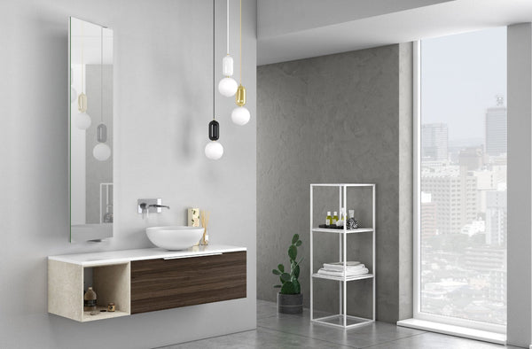 Meuble de Salle de Bain Suspendu 135 cm Mactan Gauche Lavabo Blanc et Noyer et Miroir TFT acquista
